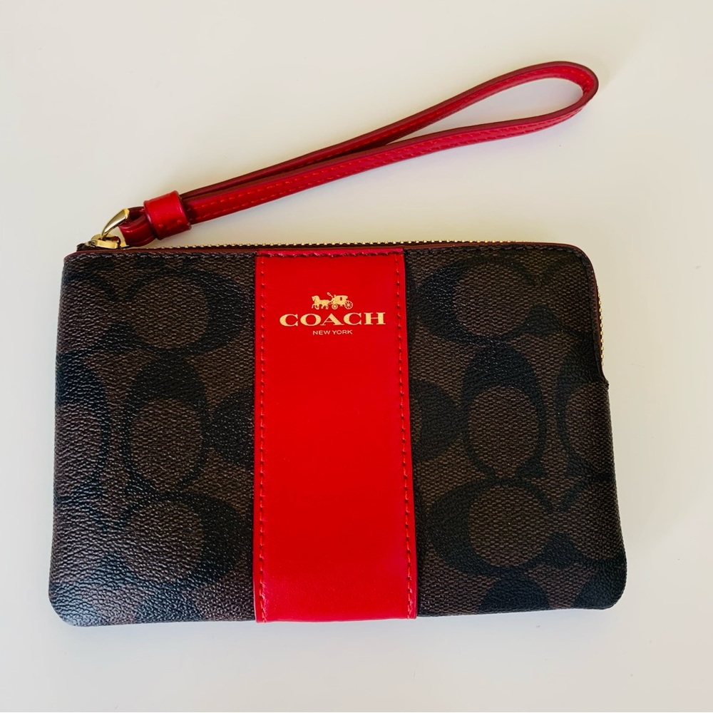 Authentic Coach Brown & Red Leather Zippered Wristlet: